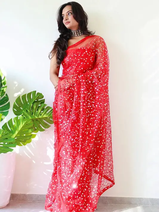 Beautiful Net Saree With Sequins Embroidery Work