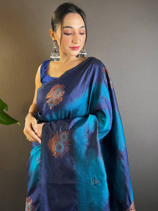 Dark Blue Tussar Silk Ikkat Weaving Saree by My Store