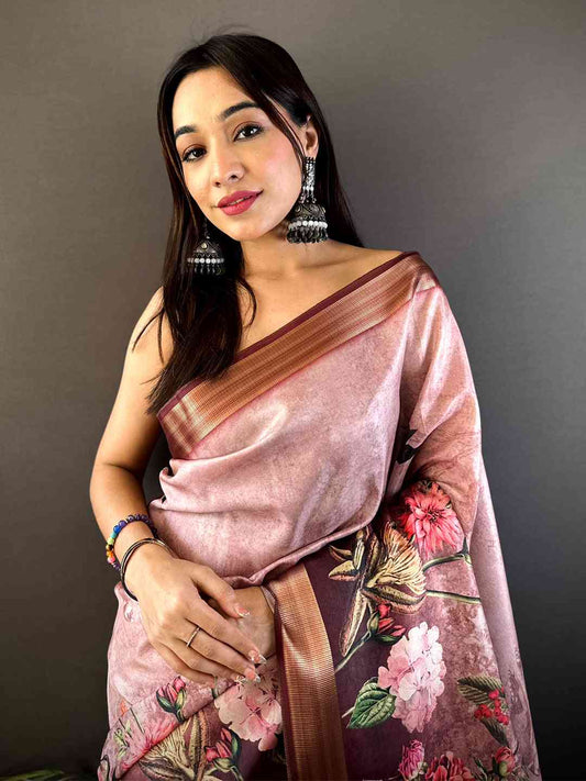 Rose Pink Floral Grace Soft Silk Tissue Saree by My Store