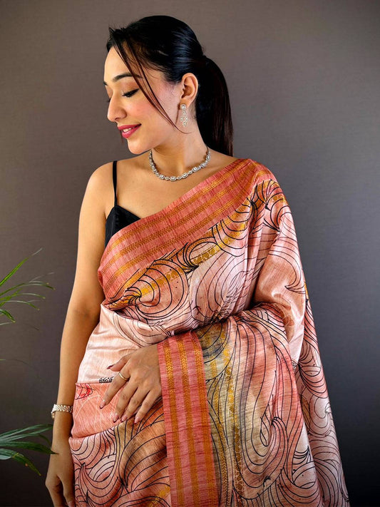 Pink Soft Silk Ocean Wave Patterns Saree by My Store