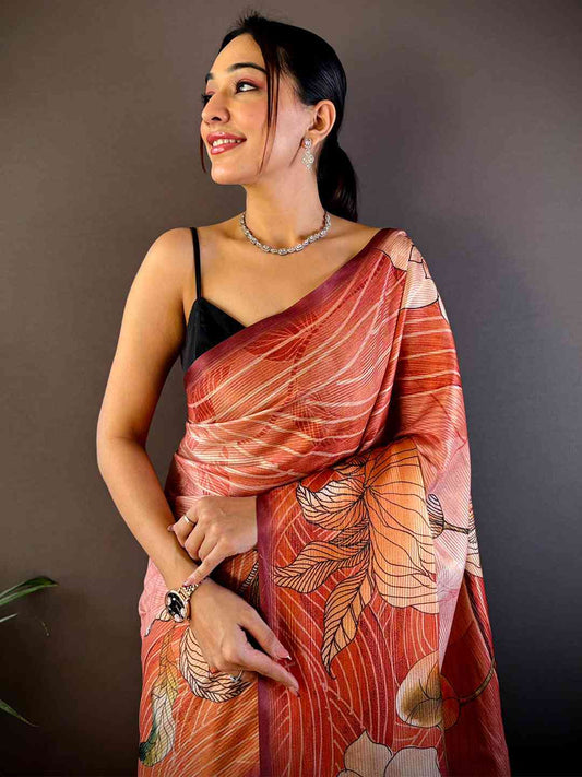Flame Red Semi Zari Tussar Botanical Saree by My Store