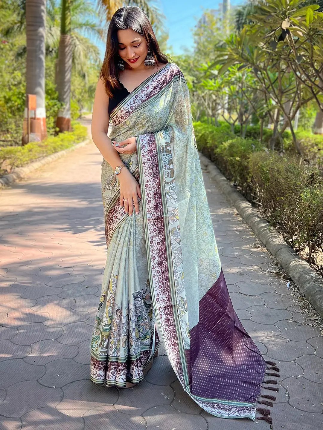 Satin Kota Doria Saree With Kalamkari Digital Print In Pista Colour