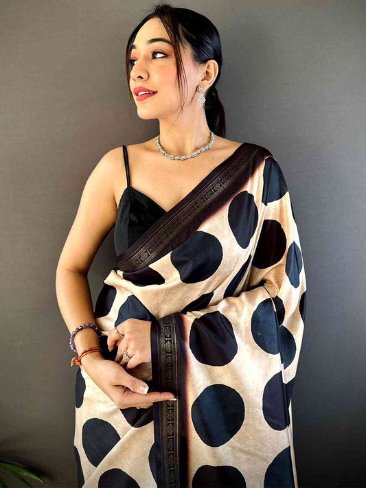 Cream Soft Silk Polka Dot Print Saree by My Store