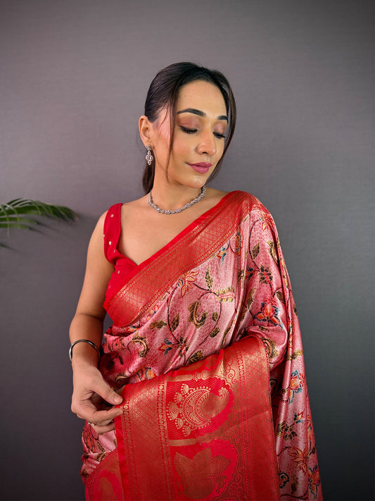 Royal Soft Cherry Satin Kalamkari Print Saree by My Store
