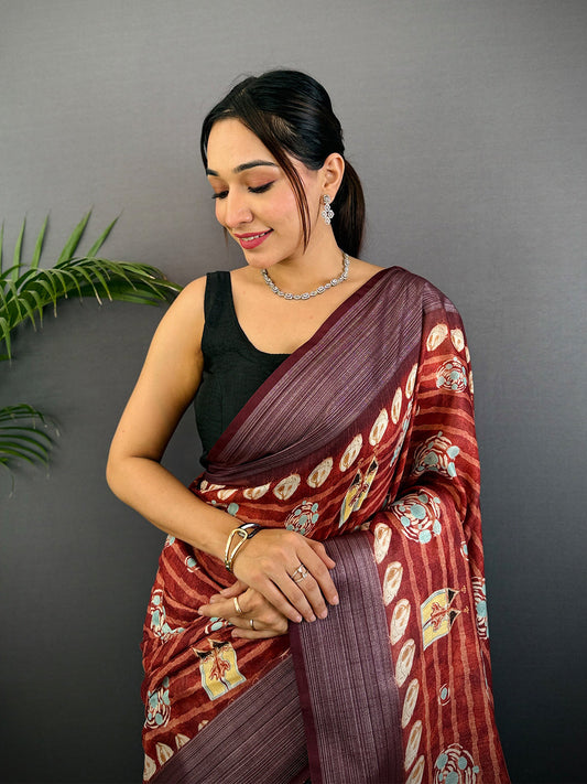 Red Linen Block Kalamkari Print Saree by My Store