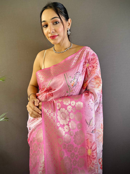 Dahlia Pink Kota Doriya Zari Floral Kanchi Border Saree by My Store