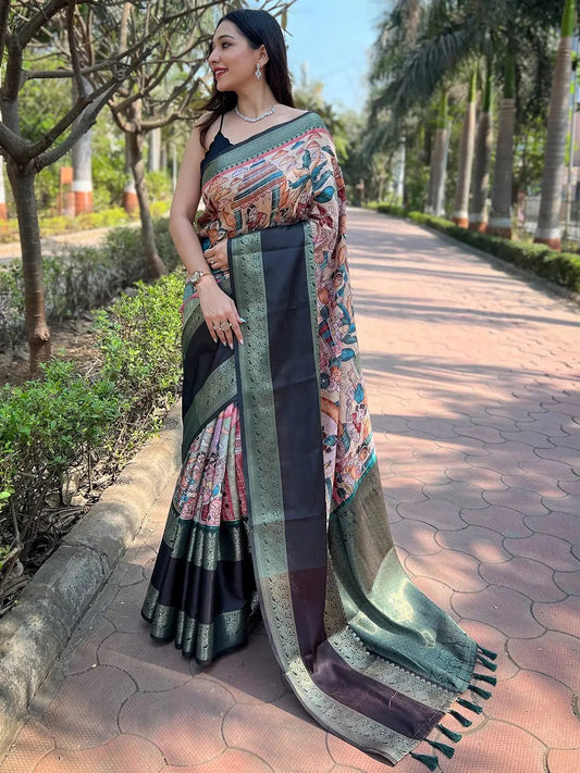 Green Colour Double Border Chex Weaving Banarasi Soft Silk Saree by My Store