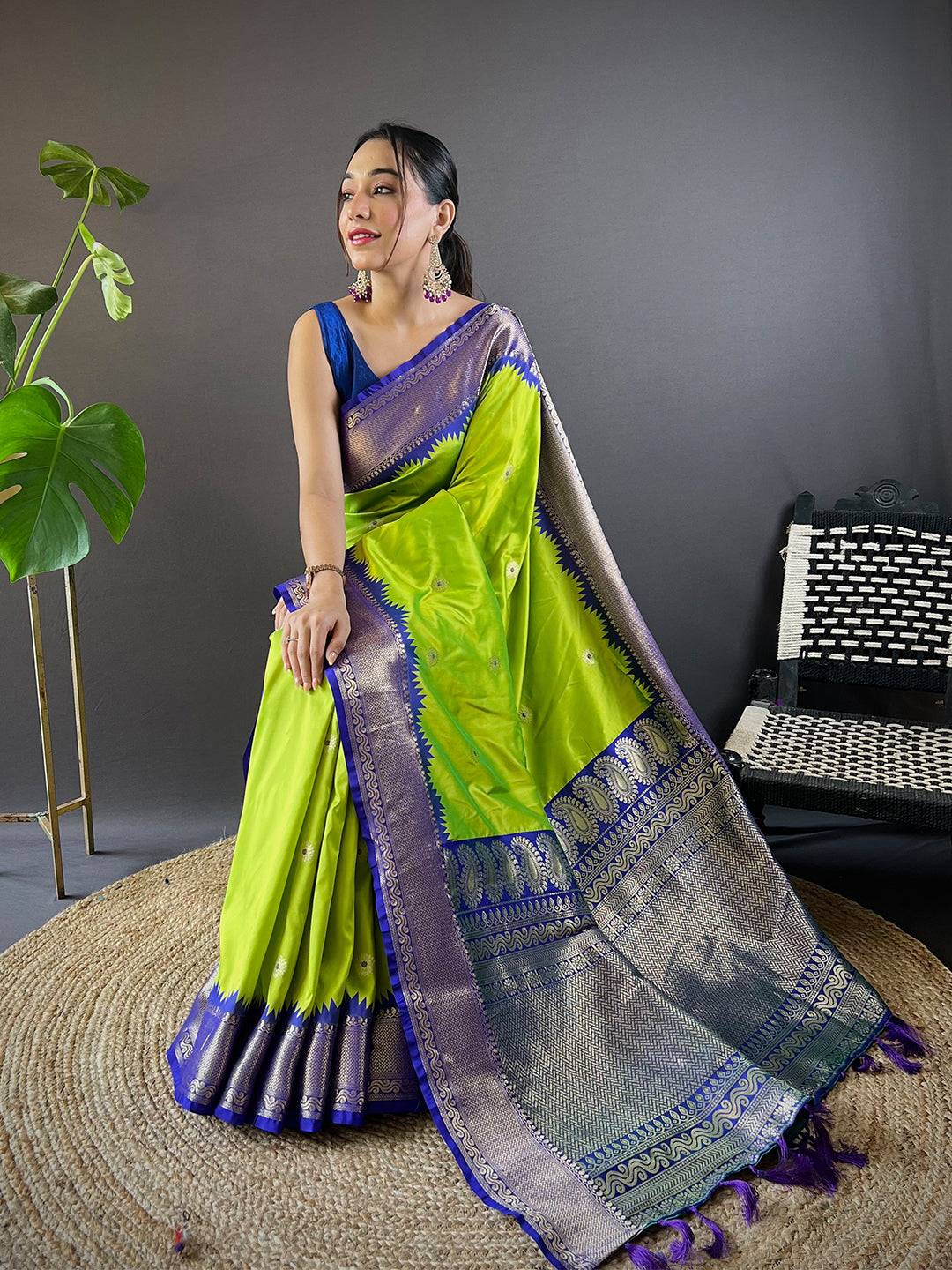 Lime Green Eyecapthear Gadhwal Silk Saree by My Store