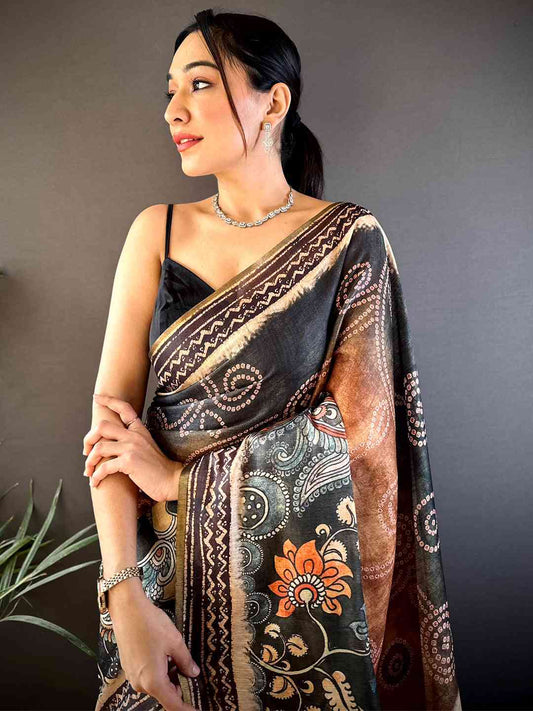 Orange Kalamkari Bandhani Chanderi Saree by My Store