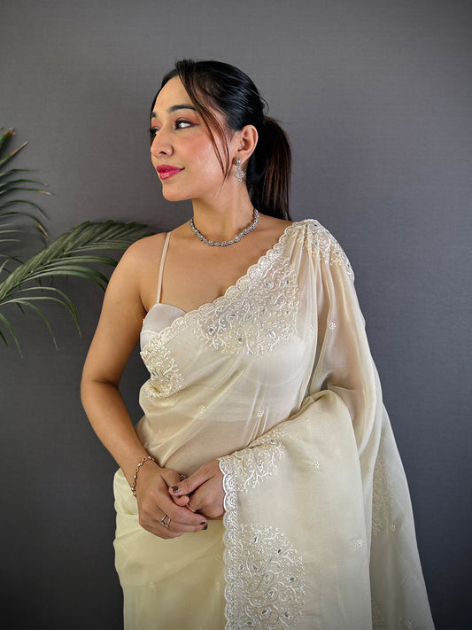 Ethereal White Soft Chiffon Saree by My Store