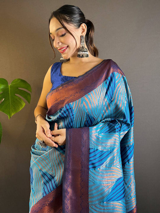 Royal Blue Tussar Silk Zari Weaving Ikkat Saree by My Store