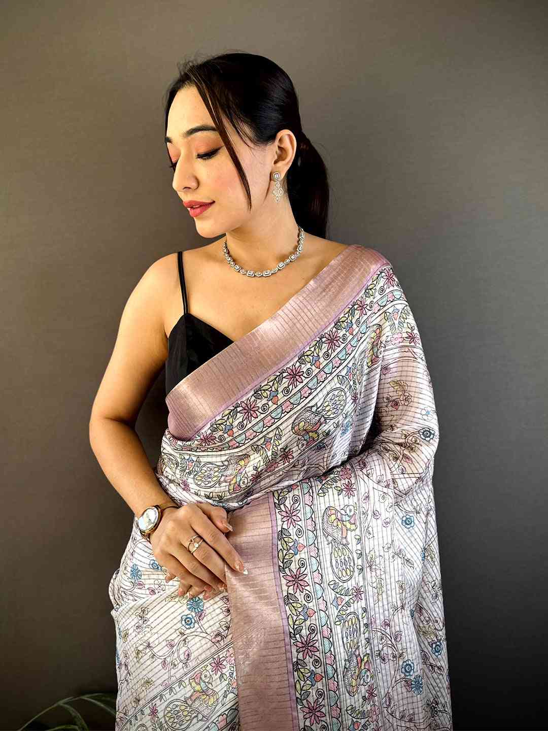 Light Pink Chanderi Madhubani Black Chex Saree by My Store