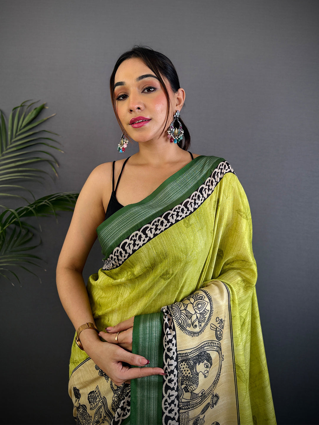 Olive Linen Kalamkari Printed Saree by My Store