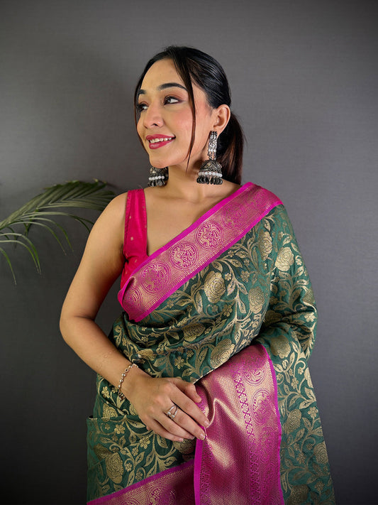 Green Floral Zari Banarasi Kanjivaram Silk Saree by My Store