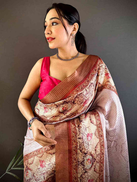 Graceful Light Pink Soft Silk Chex Saree by My Store