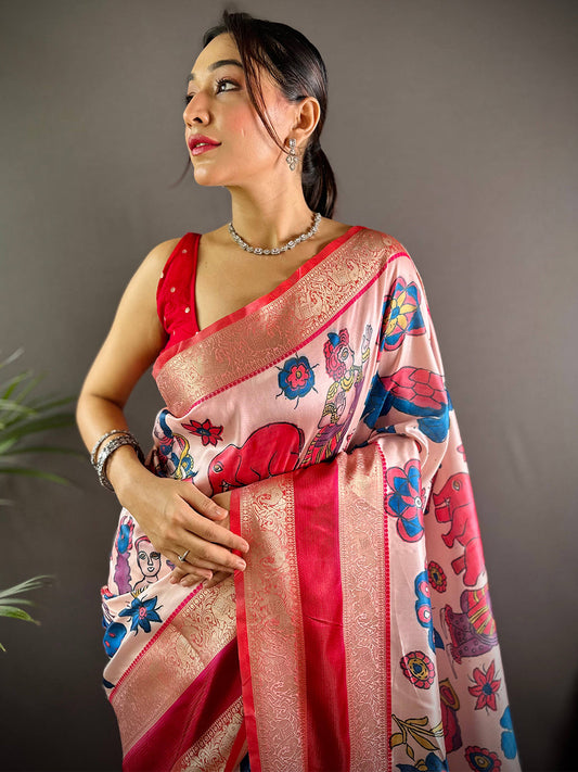 Pink Colour Soft Silk Kalamkari Saree by My Store