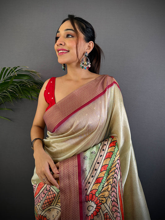 Pista Tussar Silk Kalamkari Print Saree by My Store
