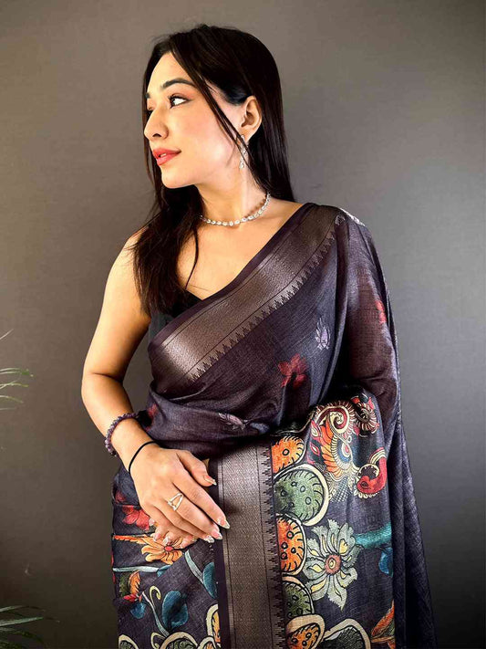 Dark Grey Kota Doriya Zari Weave Digital Print Saree by My Store