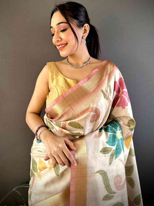Cream Soft Silk Tissue Floral Print Saree by My Store