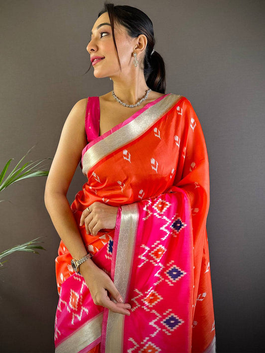 Orange Ikkat Paithani Soft Silk Saree by My Store