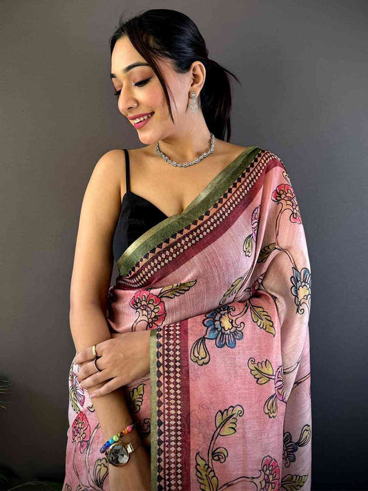 Rose Pink Zari Tussar Floral Saree by My Store