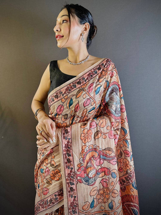 Crayola Peach Kalamkari Saree by My Store