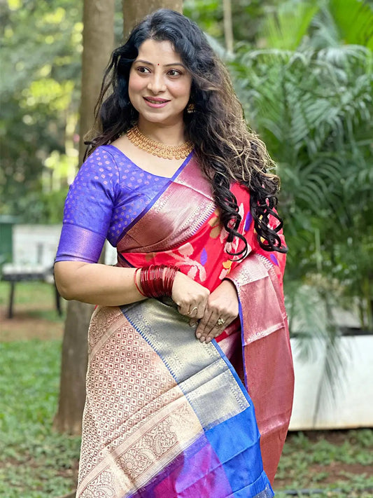Banarasi Red Minakari Ikkat Print Saree