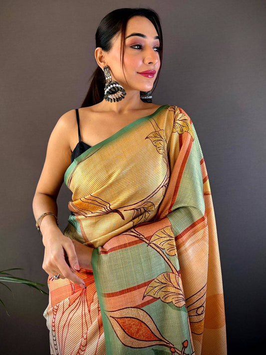 Jade Green Zari Tussar Printed Saree by My Store