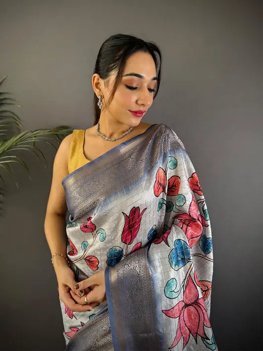 Blue Freehand Design Gadwal Saree