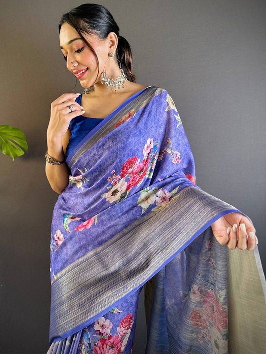 Purple Bloom Linen Saree by My Store