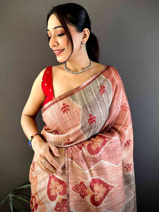 Rust Tissue Chanderi Geometric Floral Saree by My Store