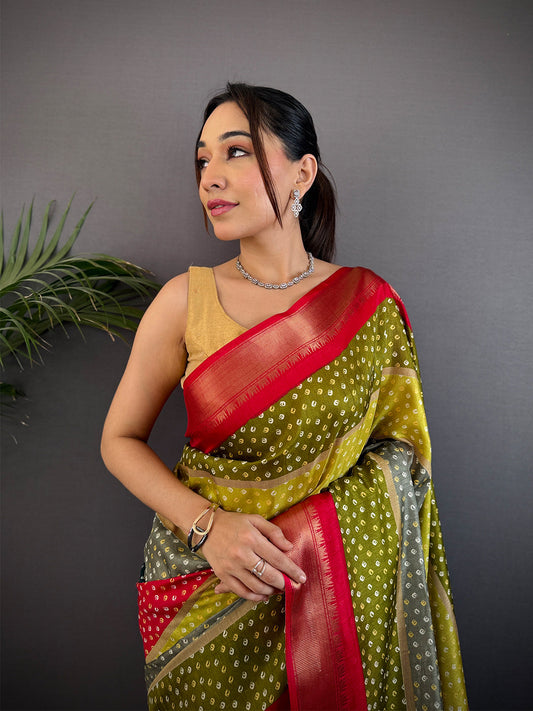 Red Soft Dola Bandhej Print Saree by My Store
