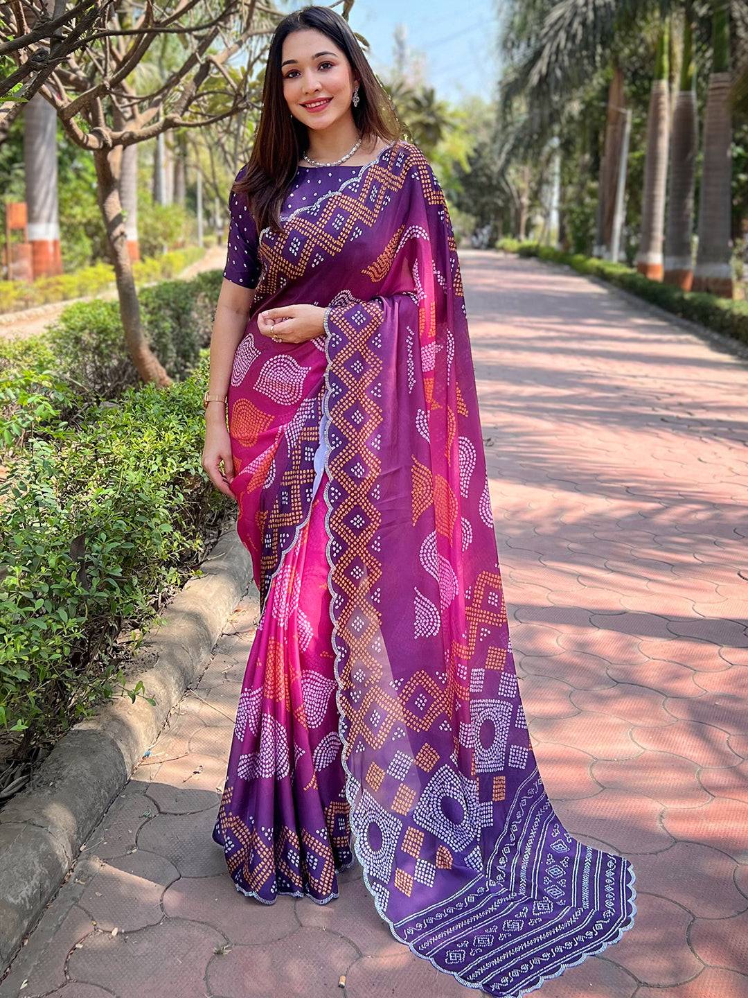 Magenta Georgette Silk Saree with Ombre Bandhej Print & Swaroski Stone Work by My Store