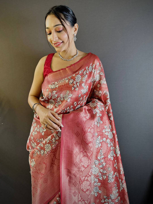 Rose Red Digital Print Silk Saree by My Store