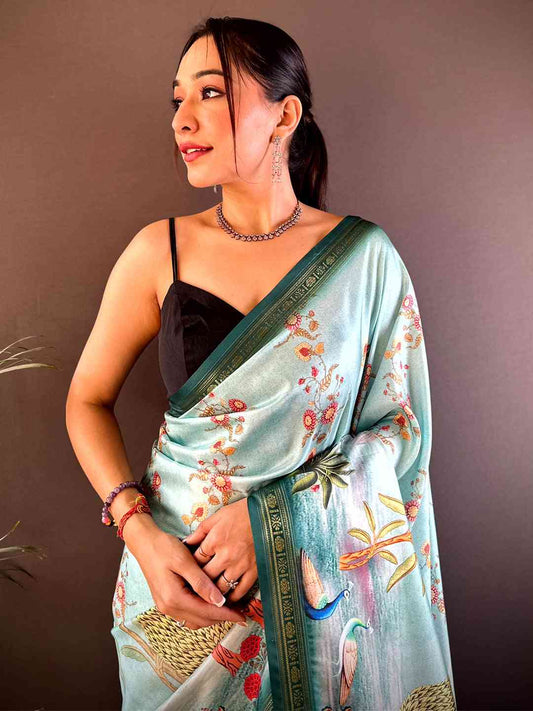 Sky Blue Jungle Printed Silk Saree by My Store