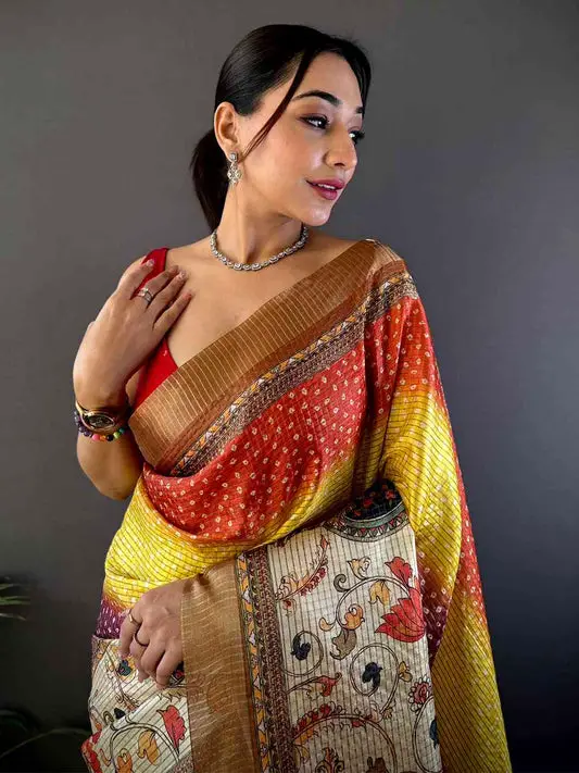 Traditional Silk Blend Bandhani Print Saree