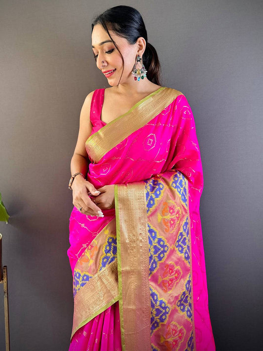 Pink Katan Silk Ikkat Saree by My Store
