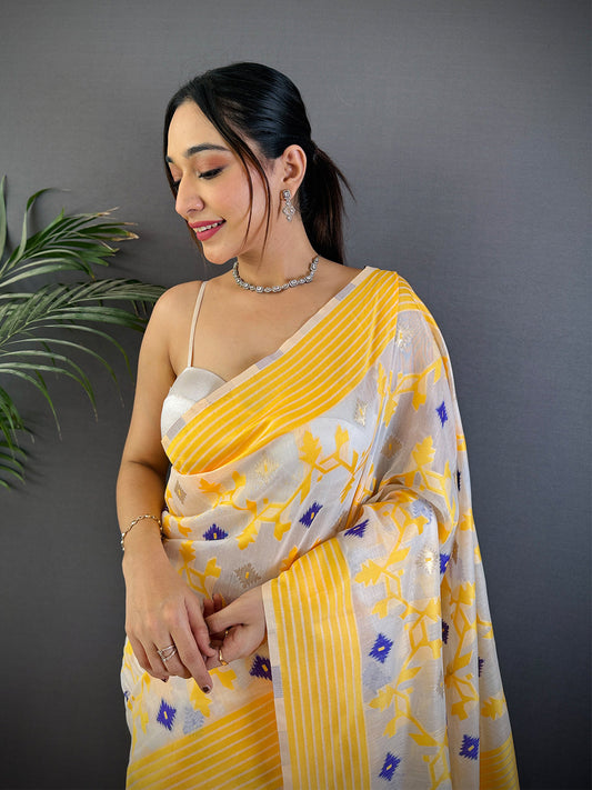 Elegant Yellow Soft Cotton Silk Jamdani Saree by My Store