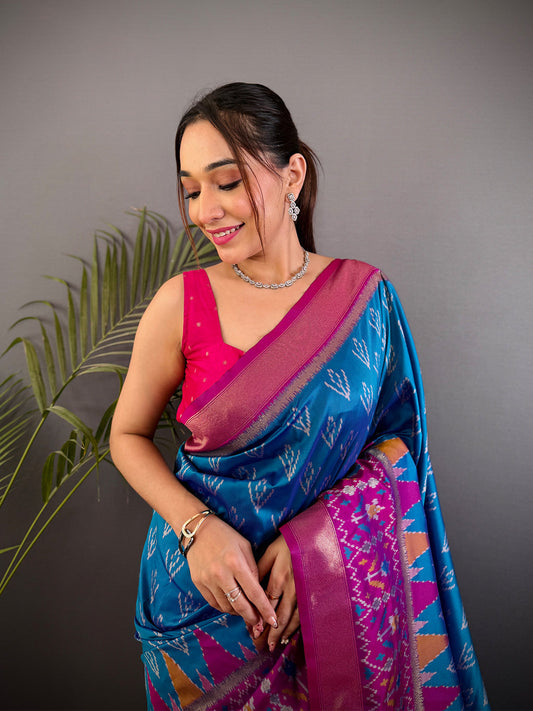 Ethereal Sky Blue Soft Silk Ikkat Saree by My Store