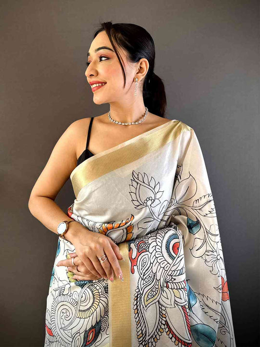 Radiant Pen Kalamkari Soft Tissue Silk Saree by My Store