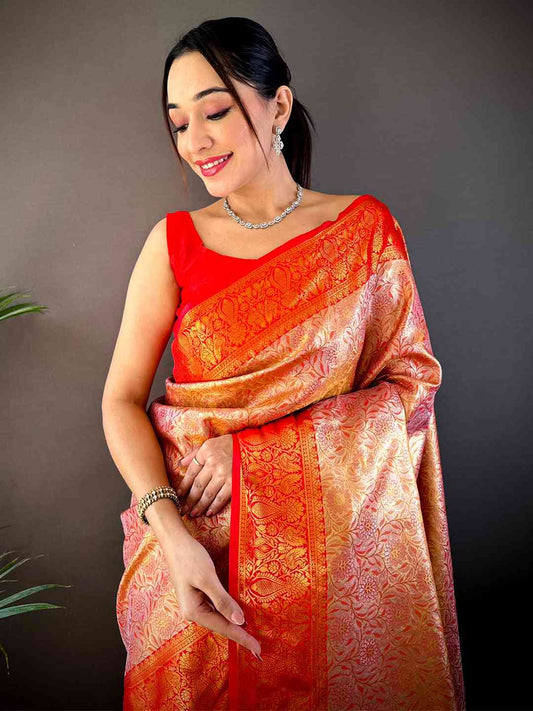 Gold Zari Floral Saree in Red by My Store