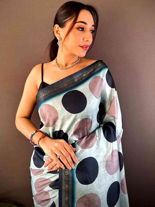 Sky Blue Soft Silk Polka Dot Print Saree by My Store