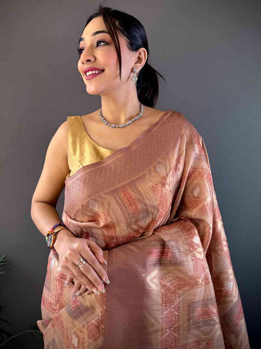 Brown Banarasi Silk Katan Geometric Saree by My Store