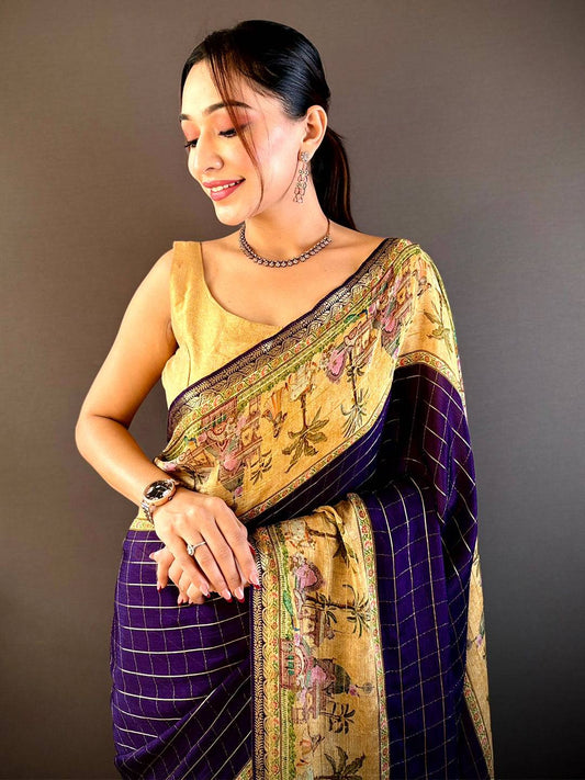 Purple Chinnon Chiffon Kalamkari Saree by My Store