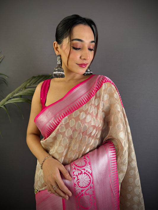 Elegant Cream Kora Tissue Saree by My Store
