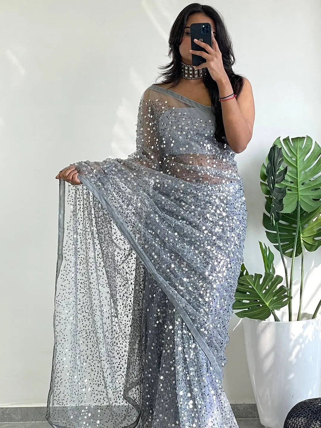 Beautiful Net Saree With Sequins Embroidery Work