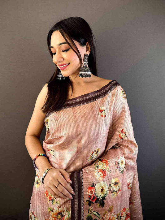 Floral Beauty in Blush Pink Tussar Zari Saree by My Store
