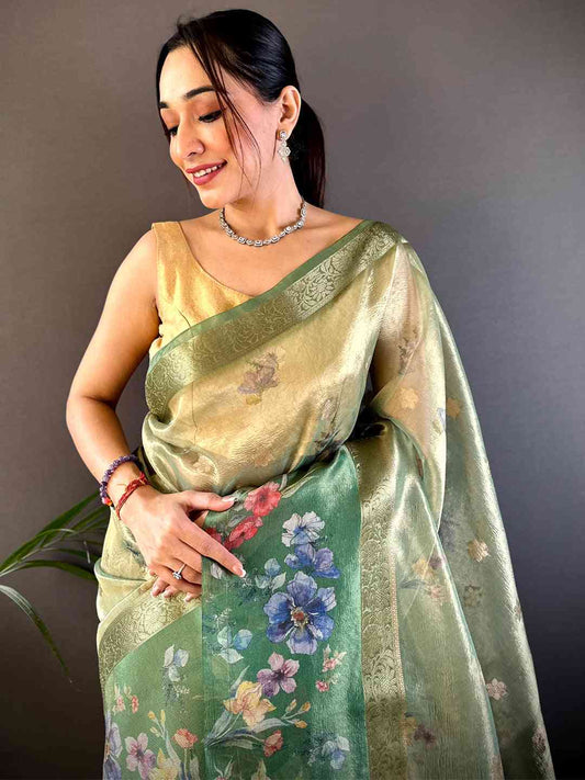 Dark Green Tissue Digital Floral Saree by My Store
