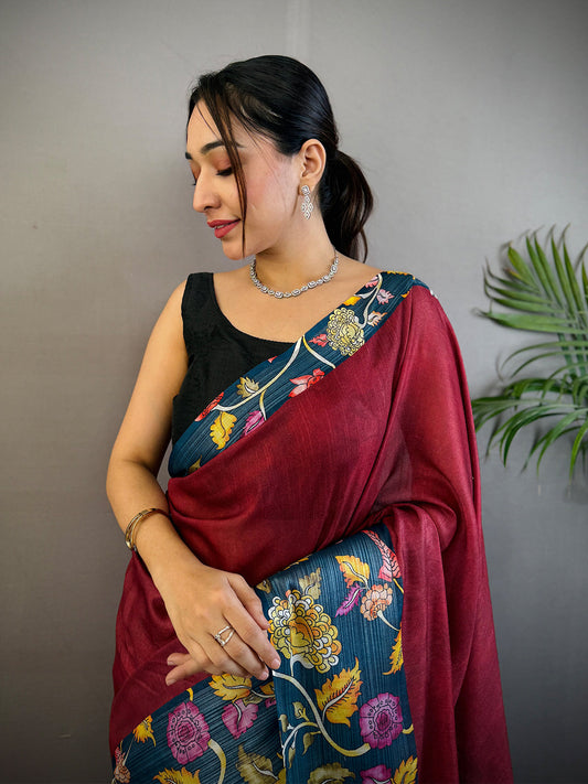 Red Linen Kalamkari Print Saree by My Store