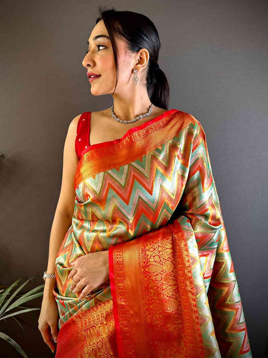 Regal Red Zigzag Dharmavaram Silk Saree by My Store